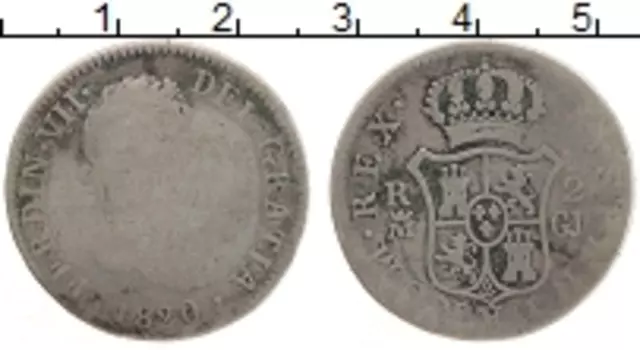 Монета 2 реала Испании 1820 года Серебро Фердинанд VII