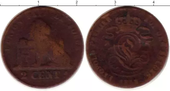 Монета 2 сантима Бельгии 1858 года Медь Леопольд