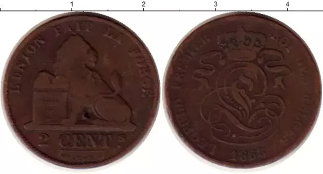Монета 2 сантима Бельгии 1863 года Медь Леопольд