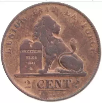 Монета 2 сантима Бельгии 1863 года Медь