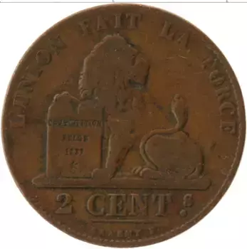 Монета 2 сантима Бельгии 1868 года Медь