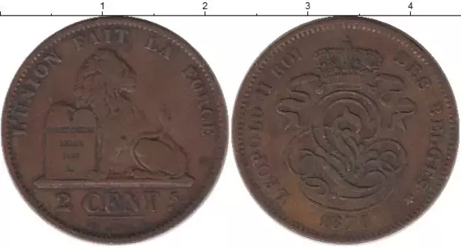 Монета 2 сантима Бельгии 1870 года Бронза Леопольд II