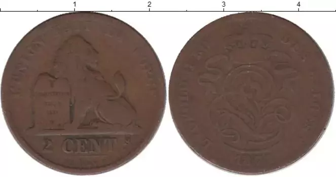 Монета 2 сантима Бельгии 1871 года Бронза Леопольд II