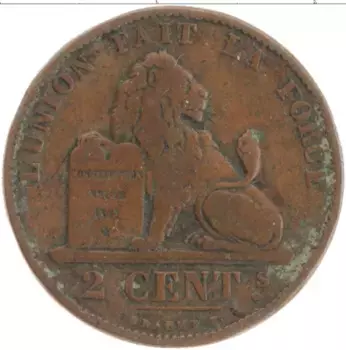 Монета 2 сантима Бельгии 1873 года Бронза
