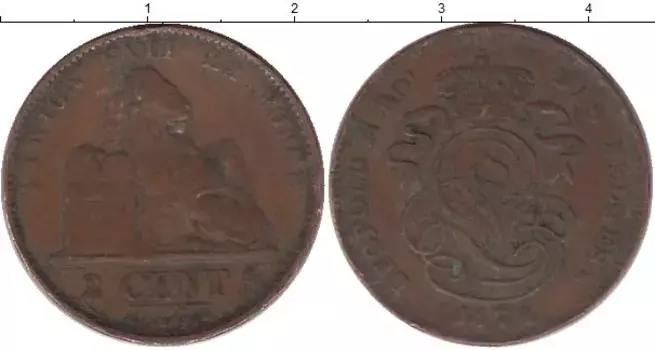 Монета 2 сантима Бельгии 1874 года Бронза Леопольд II