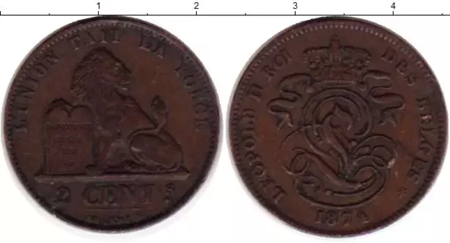 Монета 2 сантима Бельгии 1874 года Медь Леопольд II