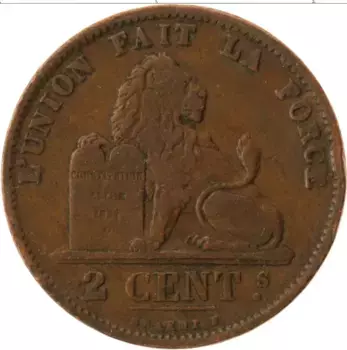Монета 2 сантима Бельгии 1876 года Бронза
