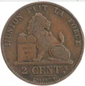 Монета 2 сантима Бельгии 1876 года Бронза Леопольд II
