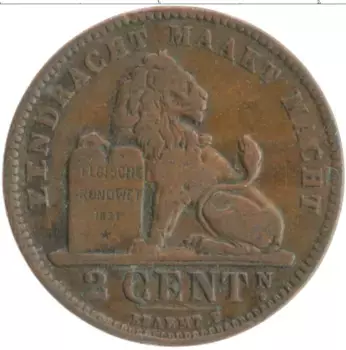 Монета 2 сантима Бельгии 1902 года Медь Леопольд II
