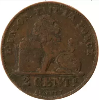 Монета 2 сантима Бельгии 1909 года Медь