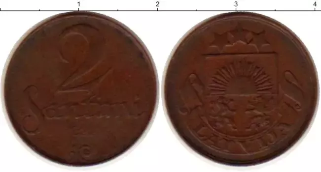 Монета 2 сантима Латвии 1922 года Бронза