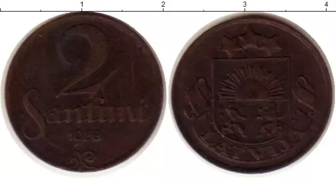 Монета 2 сантима Латвии 1928 года Бронза