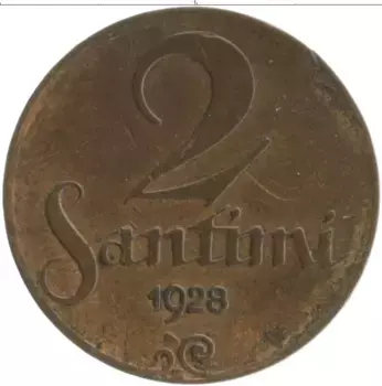 Монета 2 сантима Латвии 1928 года Бронза