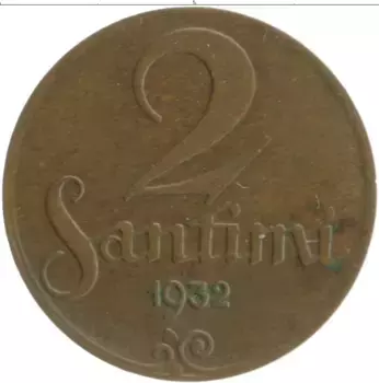 Монета 2 сантима Латвии 1932 года Бронза