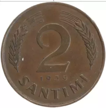 Монета 2 сантима Латвии 1939 года Бронза