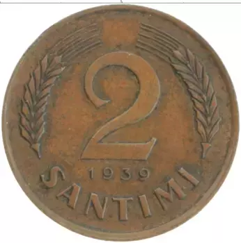 Монета 2 сантима Латвии 1939 года Бронза