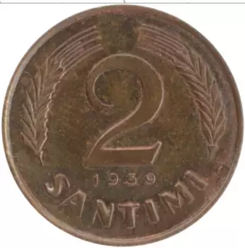 Монета 2 сантима Латвии 1939 года Бронза