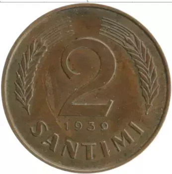 Монета 2 сантима Латвии 1939 года Бронза