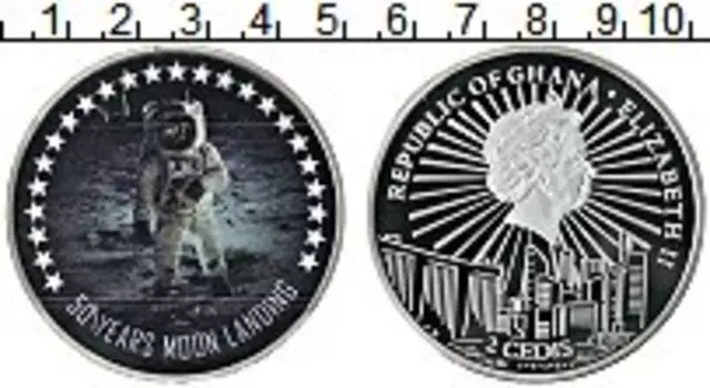 Монета 2 седи Ганы 2019 года Посеребрение 50 лет первой высадки человека на Луну