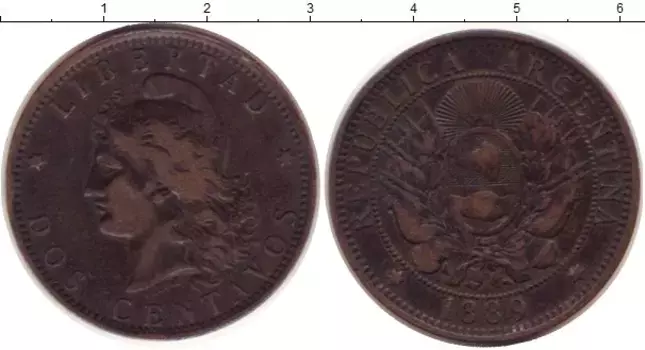 Монета 2 сентаво Аргентины 1889 года Бронза