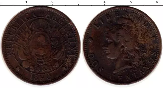 Монета 2 сентаво Аргентины 1890 года Бронза