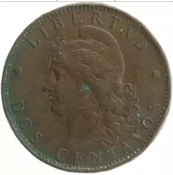 Монета 2 сентаво Аргентины 1891 года Бронза