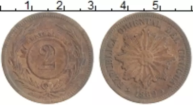 Монета 2 сентесимо Уругвая 1869 года Бронза