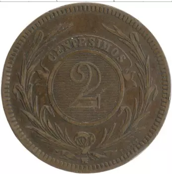 Монета 2 сентесимо Уругвая 1869 года Бронза