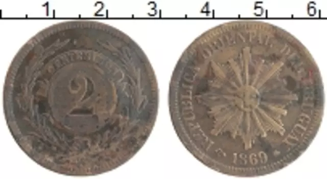 Монета 2 сентесимо Уругвая 1869 года Медь