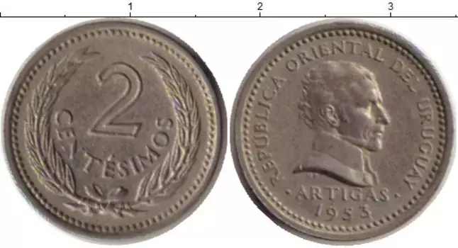 Монета 2 сентесимо Уругвая 1953 года Медно-никель Артигас