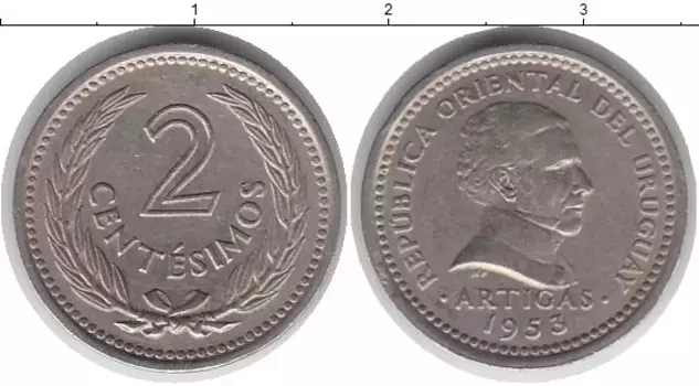 Монета 2 сентесимо Уругвая 1953 года Медно-никель Артигас