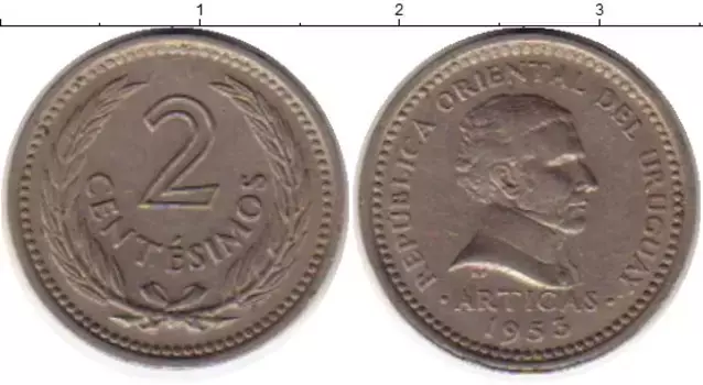 Монета 2 сентесимо Уругвая 1953 года Медно-никель Артигас