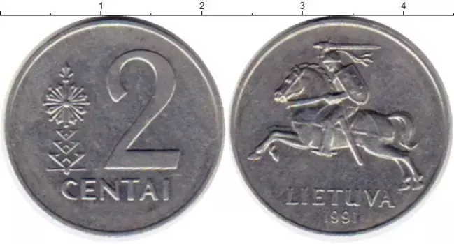 Монета 2 сенти Литвы 1991 года Алюминий Рыцарь