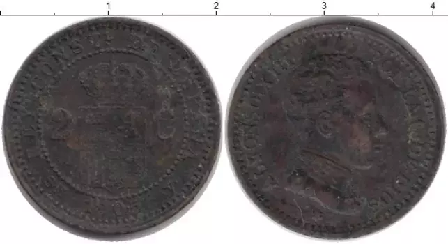 Монета 2 сентима Испании 1905 года Бронза Альфонсо XIII
