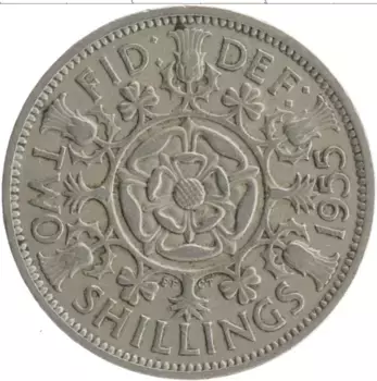 Монета 2 шиллинга Англии 1955 года Медно-никель Елизавета II