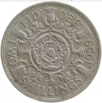 Монета 2 шиллинга Англии 1959 года Медно-никель Елизавета II