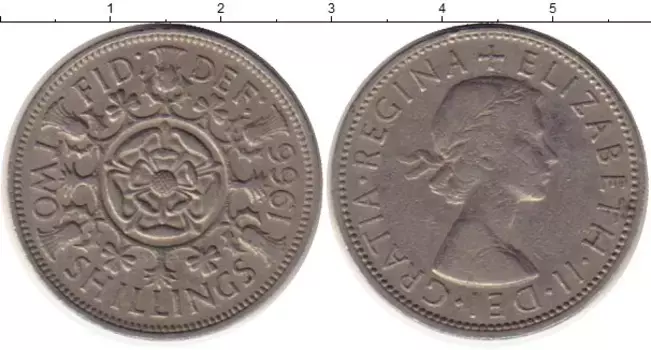 Монета 2 шиллинга Англии 1966 года Медно-никель Елизавета II