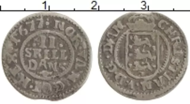 Монета 2 скиллинга Дании 1677 года Серебро Кристиан VI