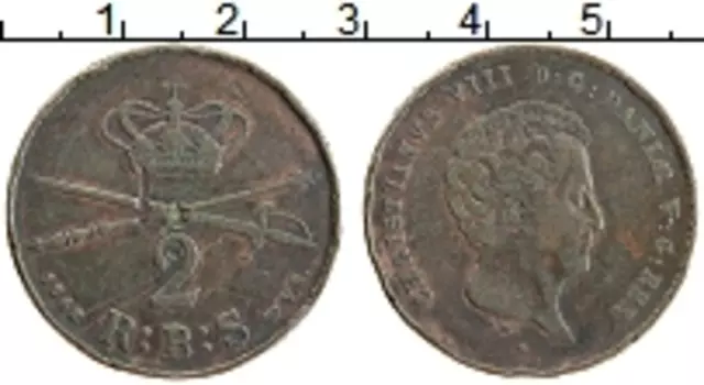 Монета 2 скиллинга Дании 1842 года Медь Христиан VIII