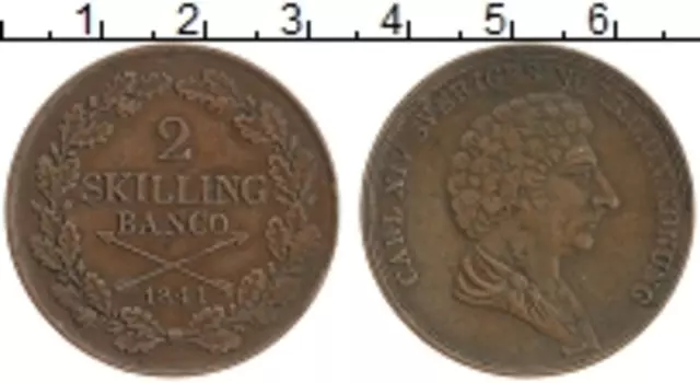 Монета 2 скиллинга Швеции 1841 года Медь Карл XIV Юхан