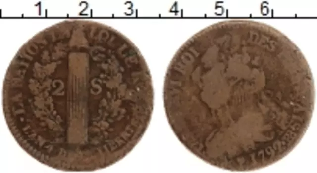 Монета 2 соля Франции 1792 года Медь Людовик XVI