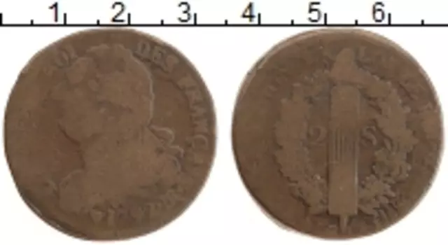 Монета 2 соля Франции 1792 года Медь Людовик XVI