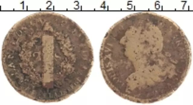 Монета 2 соля Франции 1792 года Медь Людовик XVI