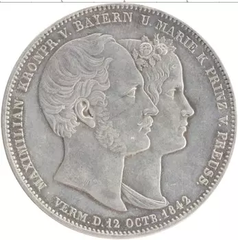Монета 2 талера Баварии 1842 года Серебро СВАДЬБА МАКСИМИЛИАНА КРОНПРИНЦА БАВАРСКОГО И МАРИИ ПРУССКОЙ