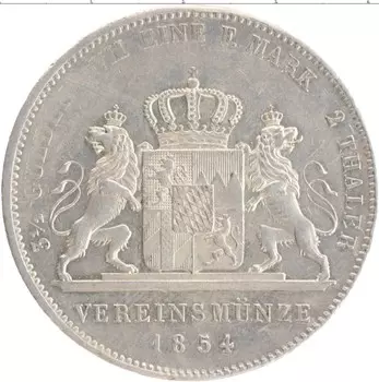 Монета 2 талера Баварии 1854 года Серебро Максимилиан II