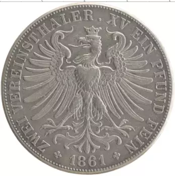 Монета 2 талера Франкфурта 1861 года Серебро