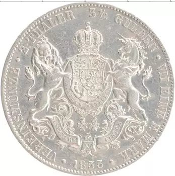 Монета 2 талера Ганновера 1855 года Серебро Король Ганновера Георг V