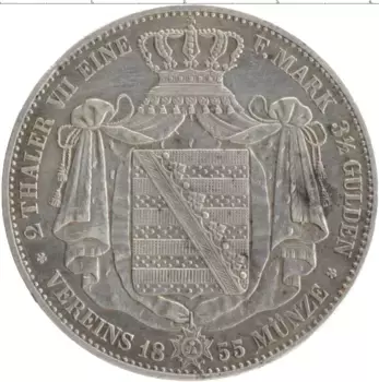 Монета 2 талера Саксонии 1855 года Серебро F