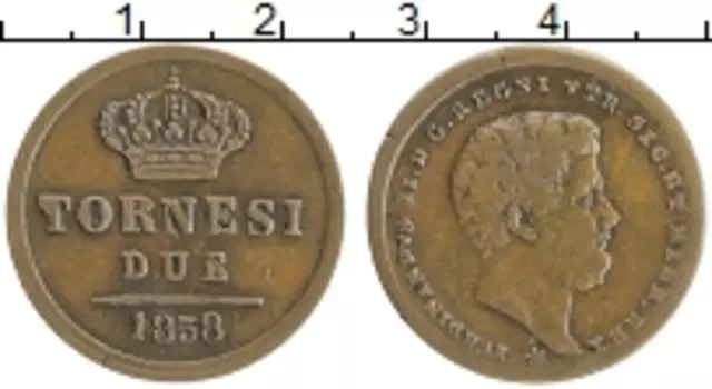 Монета 2 торнеси Сицилии 1858 года Медь Фердинанд II