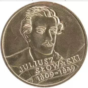 Монета 2 злотых Польши 1999 года Латунь 150 лет со дня смерти Юлиуша Словацкого